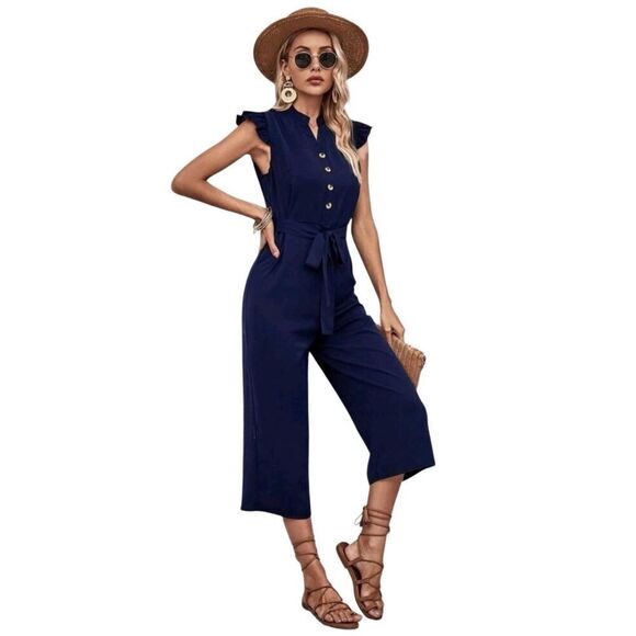 Monteau Navy Flutter Cap Sleeve Belted Cropped Wide Leg Jumpsuit XS Button Front - Picture 16 of 16